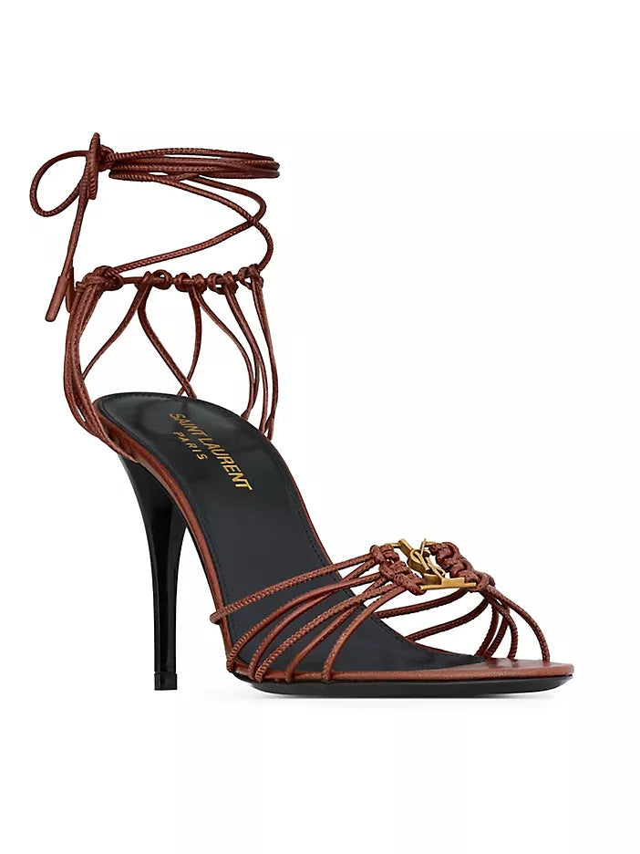 サンダル・ミュール Saint Laurent Brown leather Babylone sandals SAINT LAURENT Babylone embellished knotted leather sandals