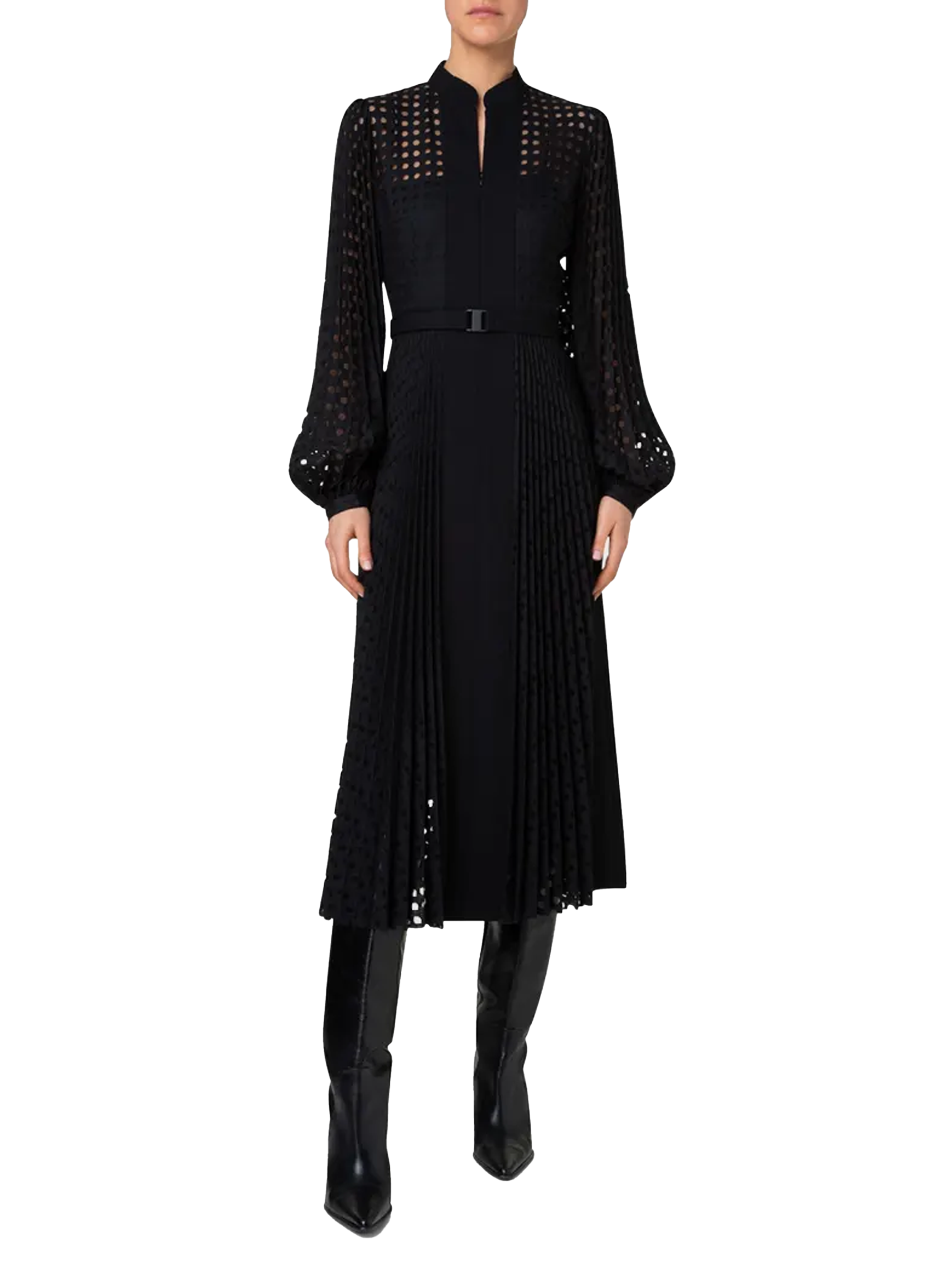 akris punto dress Midi w/ Cut-out Embroidery Crewneck Long sleeves Concealed back zip closure 69% viscose/25% nylon/6% elastane Lining Akris Punto Lace Pattern Midi