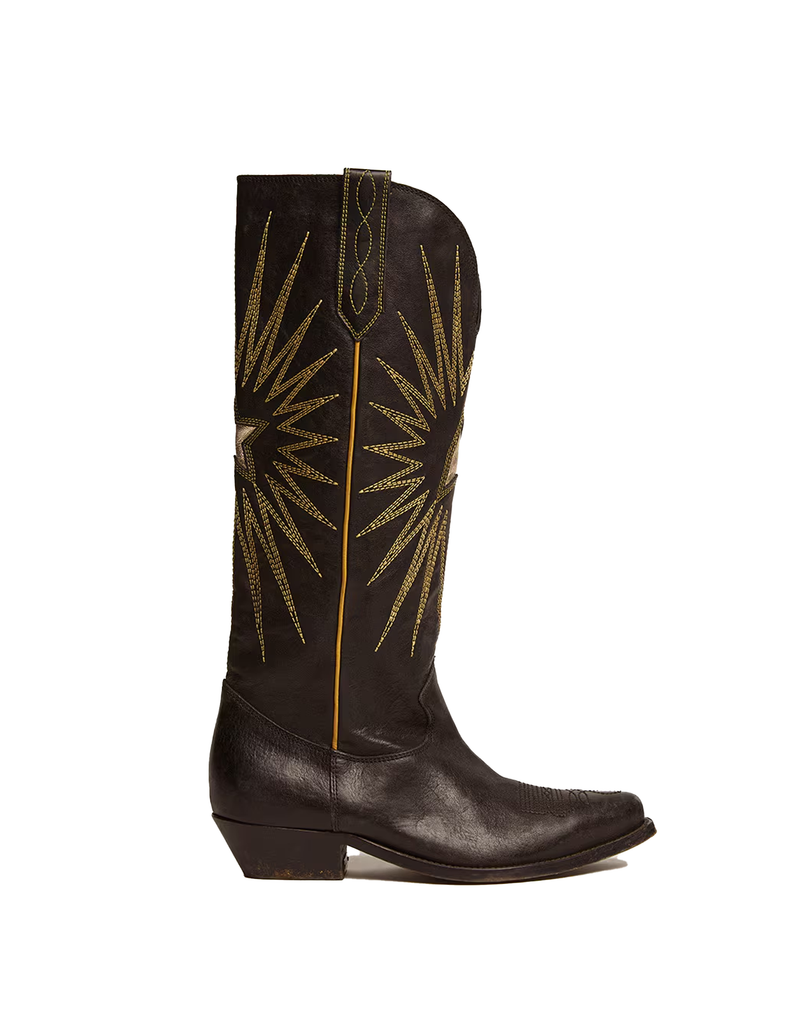 【GOLDEN 】Wish Star ローヒールブーツ Women's low Wish Star boots in black leather with silver star
