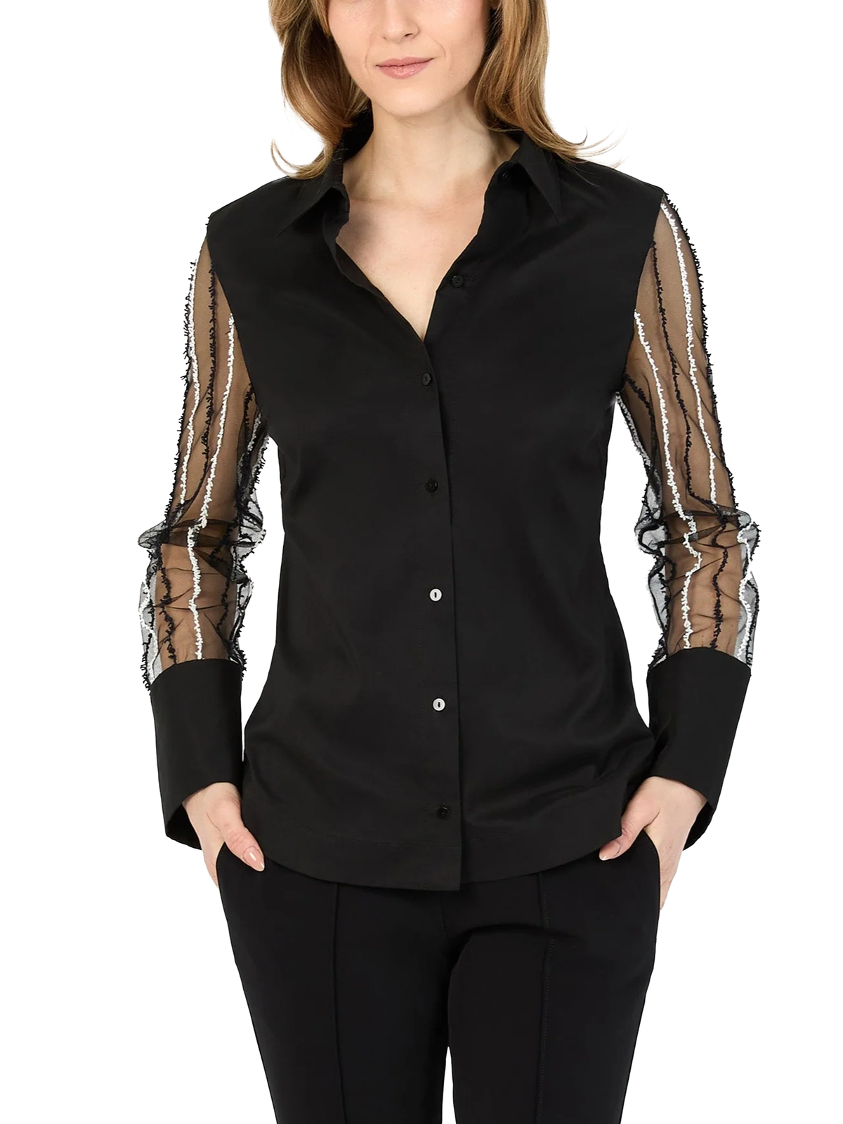 HILTON HOLLIS CERAMICA POPLIN WITH APPLIQUE TULLE SHIRT