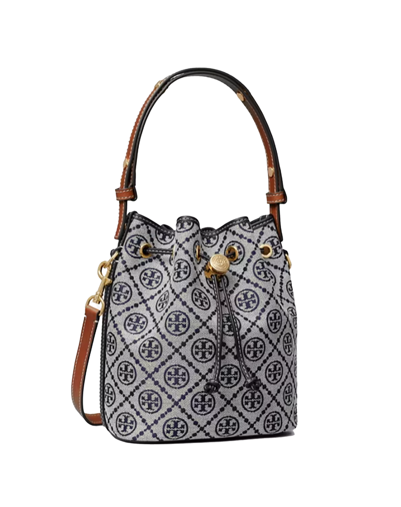 【新品】トリーバーチ レザーT MONOGRAM BUCKET BAGネイビー NWT Tory Burch Classic Navy T Monogram Jacquard MINI Bucket