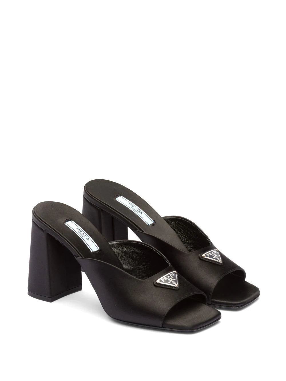 Prada enamel triangle logo 85mm high-heel satin slides