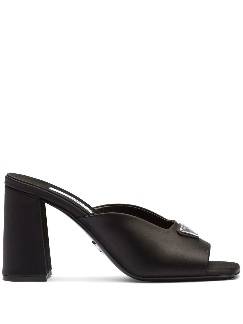 Prada enamel triangle logo 85mm high-heel satin slides